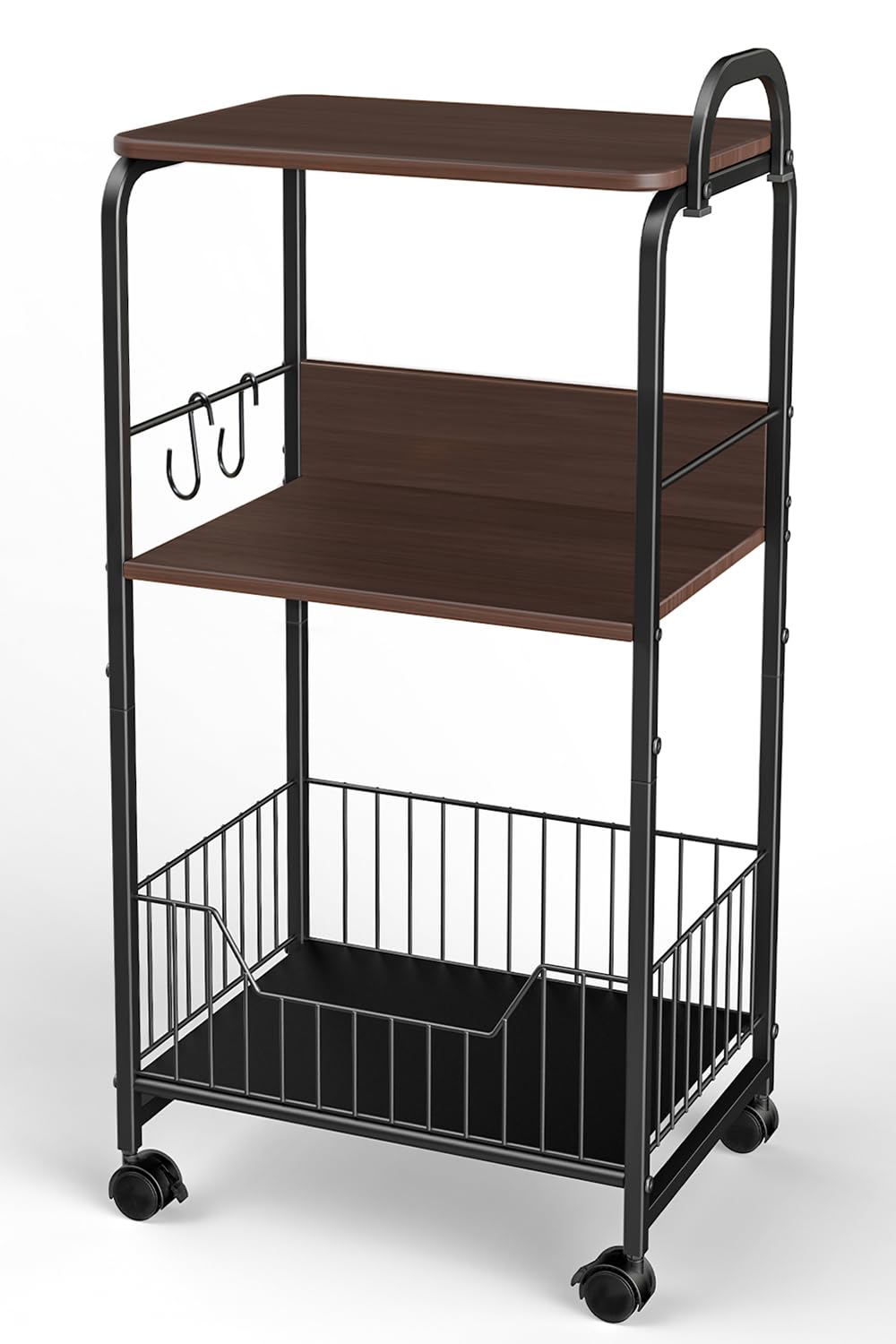 UTIMIU キッチンワゴン 天板付き キッチン ラック キッチン 収納 棚 キャスター付き 3段 バスケットラック 炊飯器 調味料 小物 台所 洗面所 居間 リビング カート 隙間 収納ワゴン ラック 幅43×奥行30×高さ87.3cm 取っ手付き