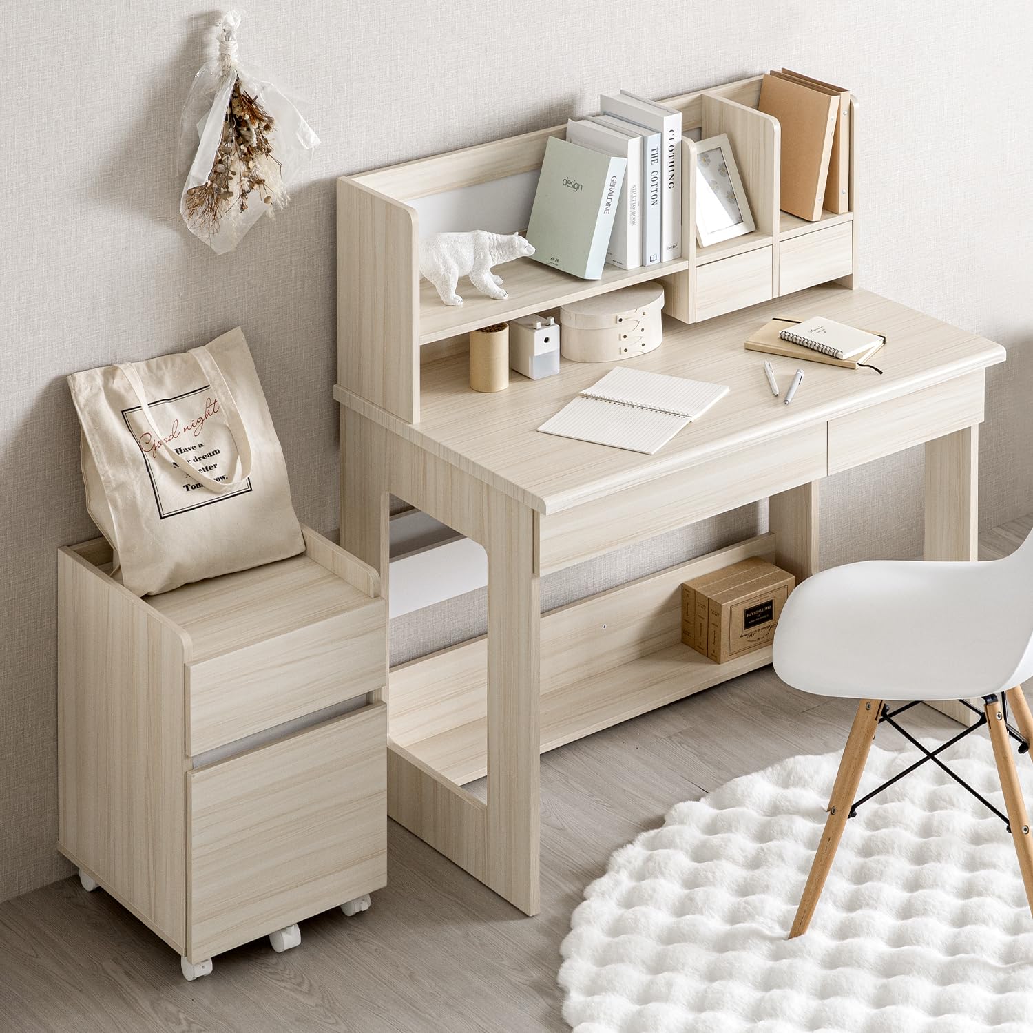 モダンデコ 学習デスクセット コンセント付き コンパクト キャスター付き 子供用デスク (オフホワイト)