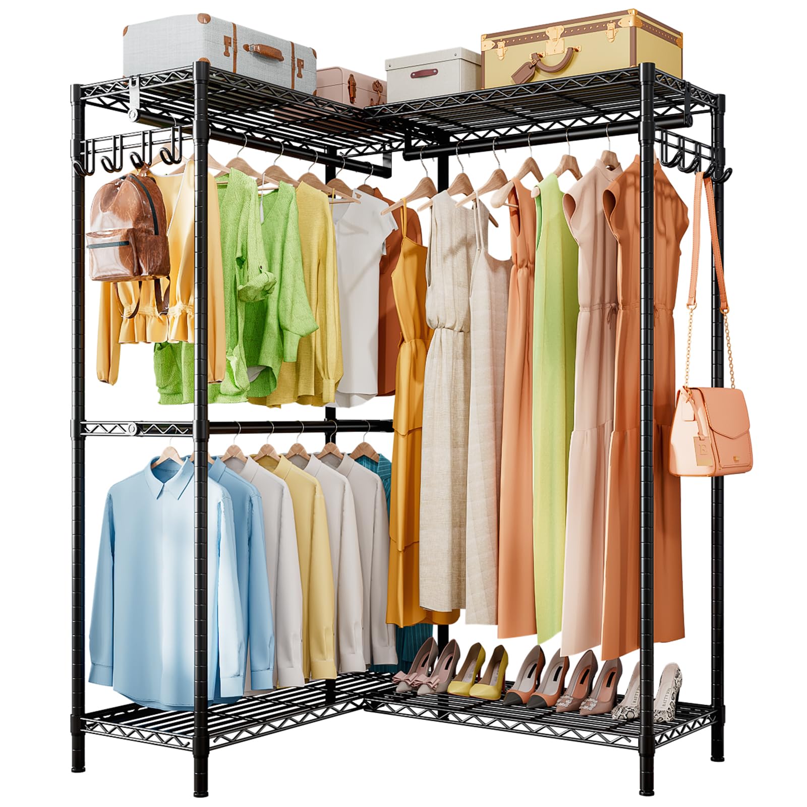 Huaniun ハンガーラック 頑丈 服 収納 ワードローブ 衣類 大容量 ハンガーシェルフ 棚付き 洋服掛け スチールラック 幅145×奥40×高さ193cm